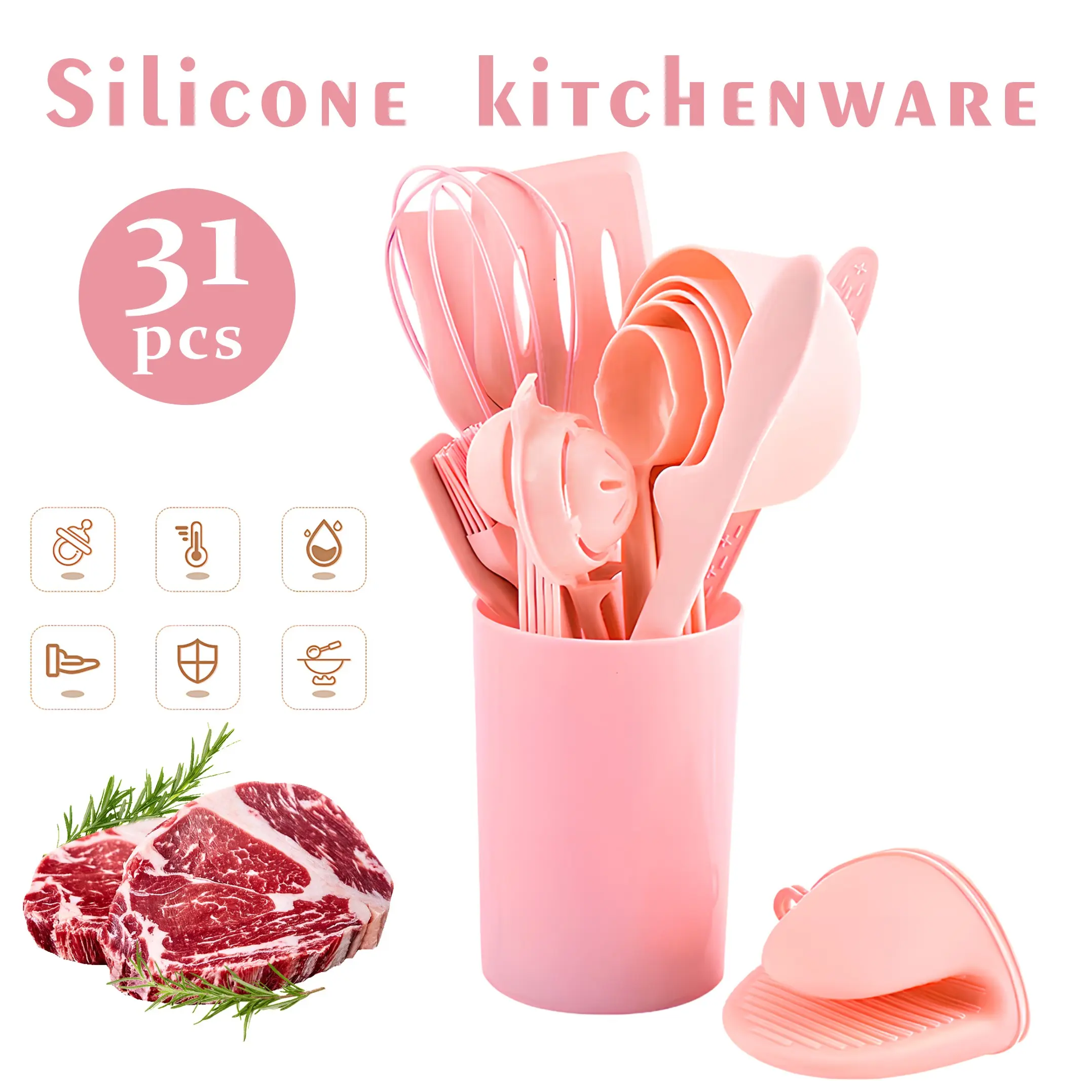 Silicone Cookware Set 31pcs Non-stick WoodenHandle Kitchenware with Storage Bucket HighTemperature Resistant Easy To Clean Spatula Spoon Utensils for Kitchen Cooking Bakeware