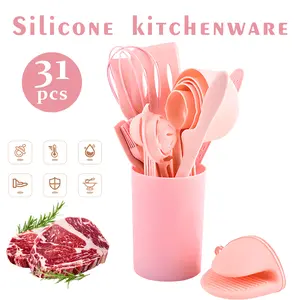 Silicone Cookware Set 31pcs Non-stick WoodenHandle Kitchenware with Storage Bucket HighTemperature Resistant Easy To Clean Spatula Spoon Utensils for Kitchen Cooking Bakeware