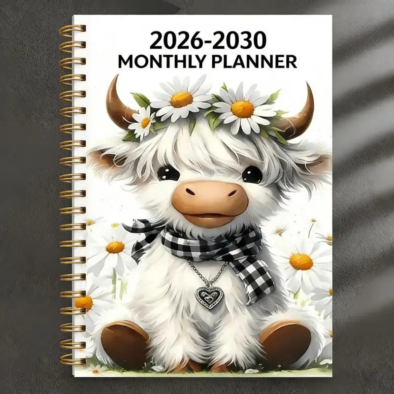 2026-2030 Calendar - From January 2026 to December 2030, 5-year calendar, cartoon Highland cow themed cover design, annual calendar planning, month labels, 60-month calendar, Calendar Planner, Calendars planners, 13.97 cm X 21.08 cm