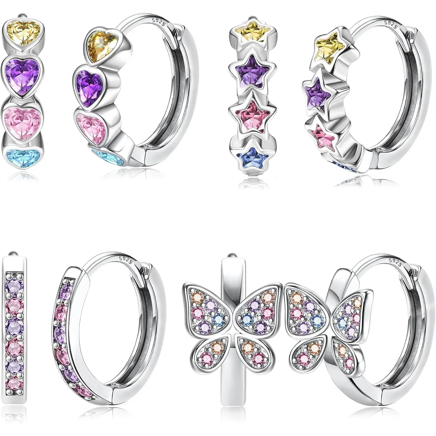 YADOCA Silver Post Small Hoop Earrings For Girls - Hypoallergenic Huggie Earrings for Women Cute Heart Flowers Butterfly Star Cubic Zirconia Cartilage Earrings For Sensitive Ears 4Pairs