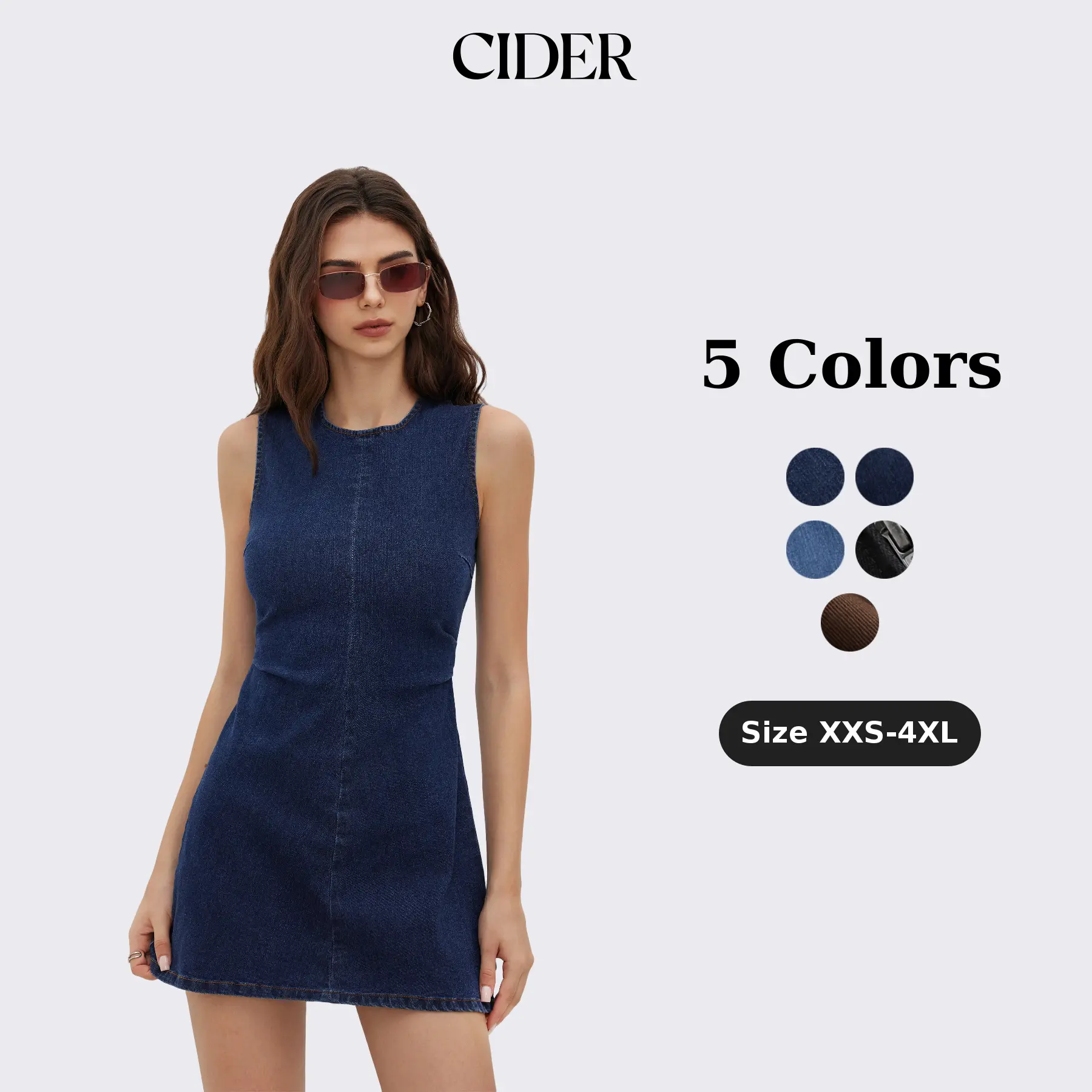 Cider Women's Sleeveless High-Stretch Woven Denim Mini Dress - Above-the-Knee, Bodycon Fit, Ruched Zipper Closure, Button Detail, Washed Finish, Casual Weekend Wear (XS Size Available)