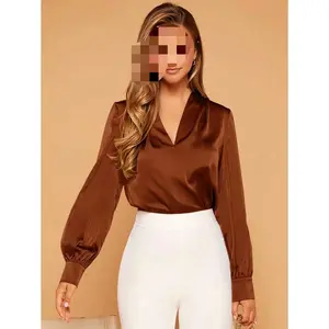 Solid V   Neck Satin Blouse For Women Shirts Top