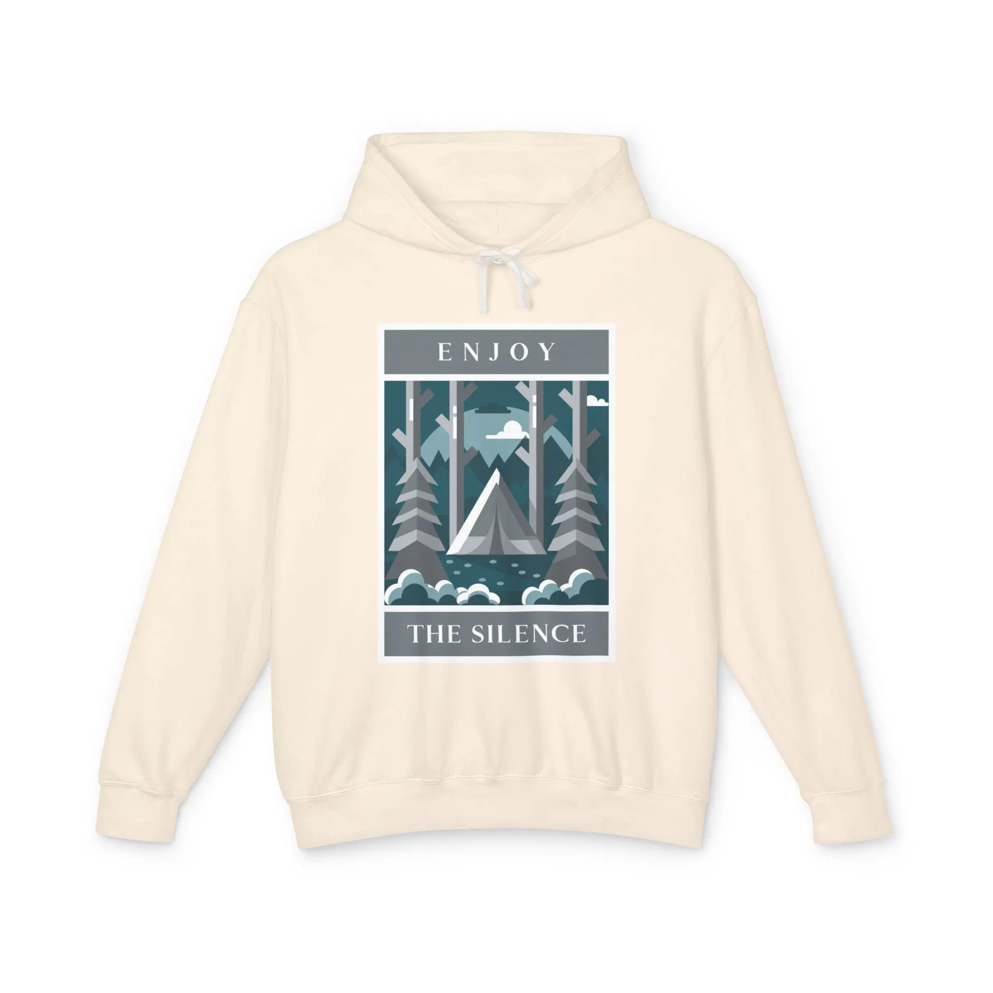 Enjoy the Silence Camping Hoodie — Minimalist Forest Tent Graphic