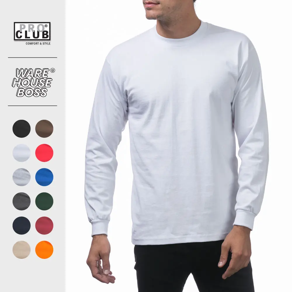 PROCLUB Men's Heavyweight Long Sleeve T Shirts PRO CLUB Plain Crew Neck T Shirt Casual Cotton Tee Basic Big and Tall Hip Hop Harem