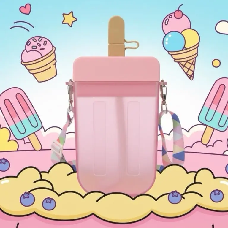 Fun Popsicle Water Bottle - colorful Design with Stylish Strap for on the go travel - Reusable Washable Tumbler Drinkware