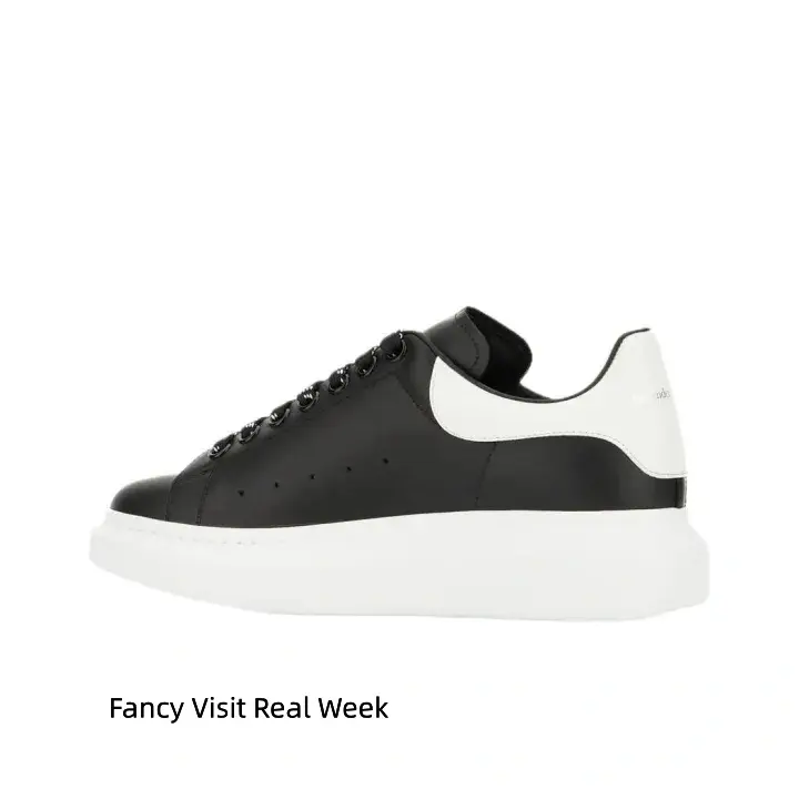 Unisex Black Smooth Leather Platform Low Top Sneakers, Gloss White Leather Heel, Black White Striped Laces, Thick White Cushion Sole Comfort Walking Shoes