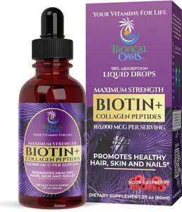 Tropical Oasis Maximum Strength 165,000mcg Liquid Biotin & Collagen Drops for Hair Growth in  Sour Raspberry Flavor 2 fl oz