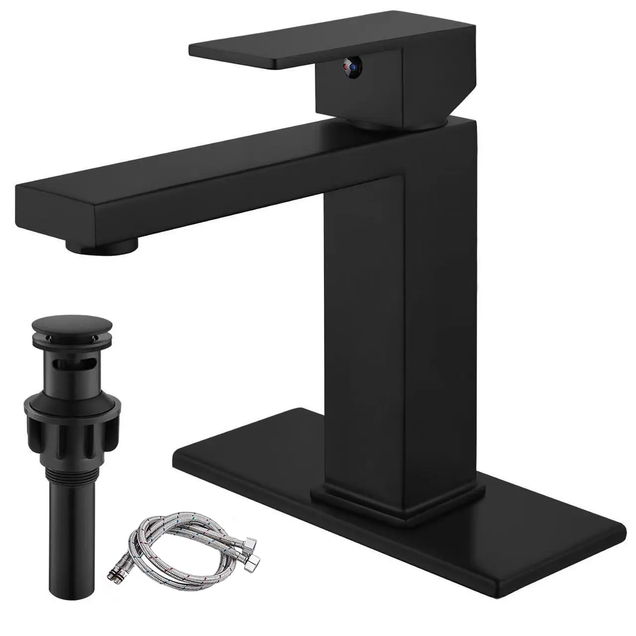 Modern Matte Black Bathroom Faucet, Stainless Steel Single Handle Faucet with 6 Inch Deck Plate & Pop Up Drain, Commercial Single Hole Bathroom Sink Faucet, Fits 1 or 3 Hole Countertop, RV, Basin, Ideal for Vanity & Lavatory Sinks