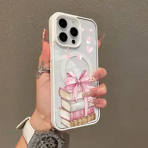 Magnetic Compatible Case for iPhone 17 16 E Pro Max 15 Plus 14 13 12 11 XS XR, Pink Bow Book Stack Art Aesthetic Print | Shockproof, Silicone, Lightweight, Scratch Resistant, and Trendy Protection