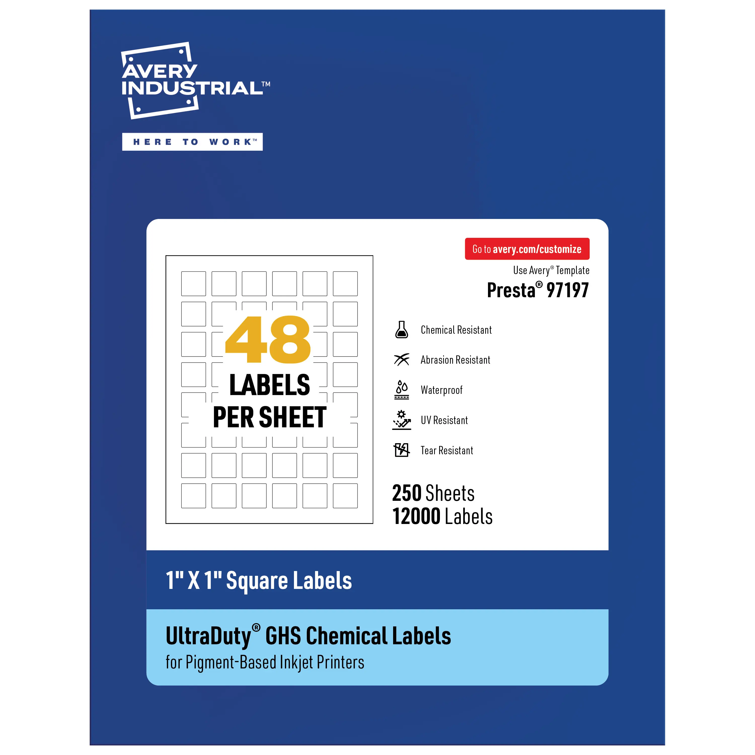 Avery UltraDuty GHS Labels - 1x1 Inch Waterproof Square Labels for Pigment Inkjet Printers, Ideal for Industrial & Office Labeling Needs, Inkjet Printer