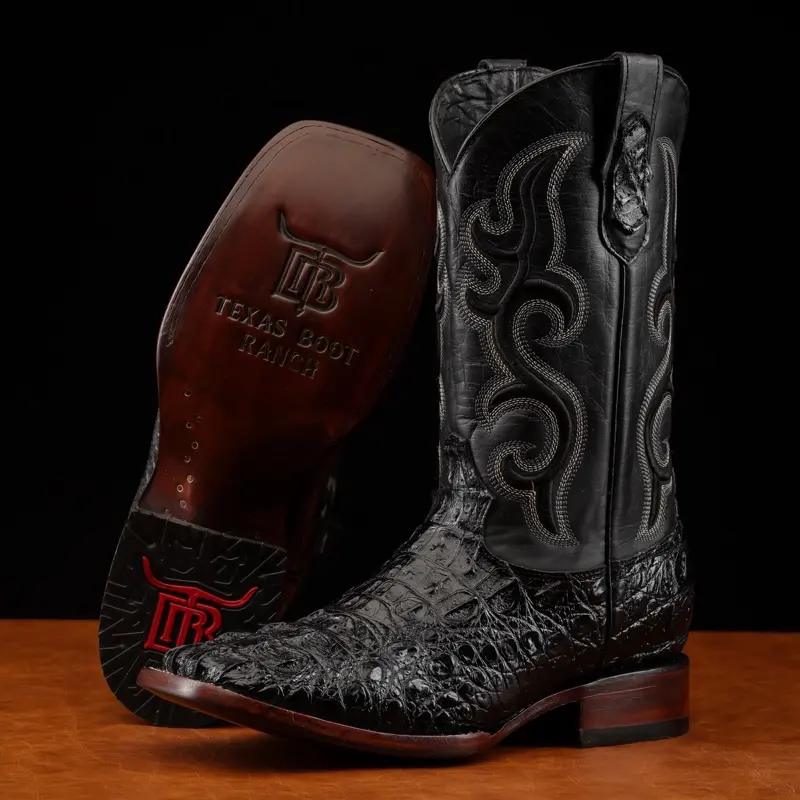 Black Caiman Neck Print Leather Boots - Square Toe