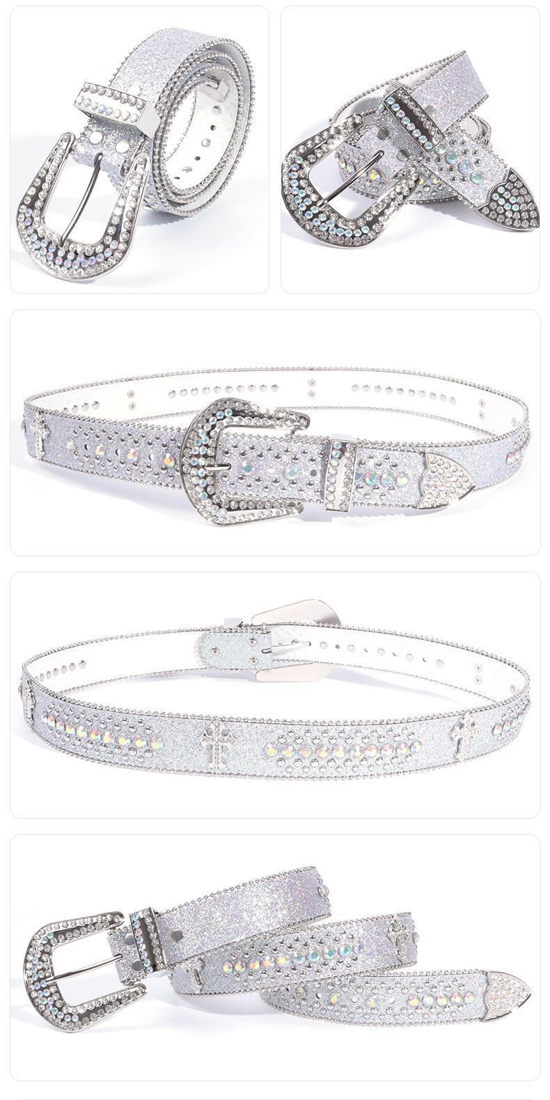 Unisex Crocodile Pattern Belt with Rhinestone Decorative Buckle Cross Pendant New Street Fashion Denim Belt Adjustable for Most Waist Sizes