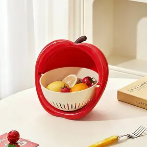 Cute Apple Draining Basket, Dual Wash Fruit Organizer, Kitchen Home Living Room Fruit Bowl, Vegetable Tray, High Aesthetic New Design