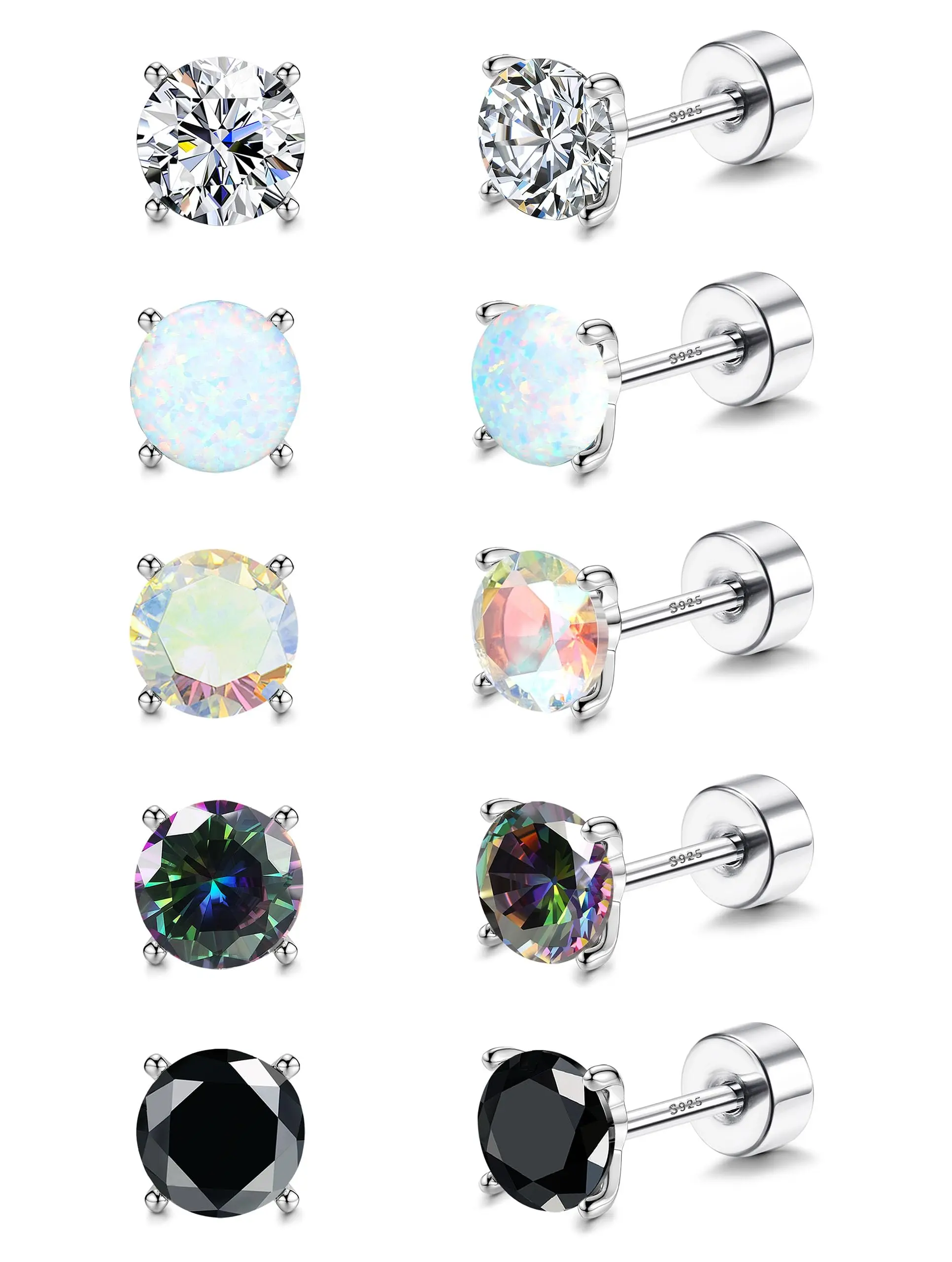 MILACOLATO 5 Pairs 925 Sterling Silver Stud Earrings for Women 20G Flat Back Earrings Helix Cartilage Earrings Cubic Zirconia Opal Earrings Comfort Back Post Earrings Hypoallergenic, Earrings Set, Stud Earring Jewelry summerwins