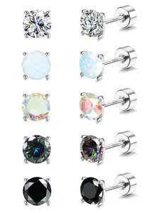 MILACOLATO 5 Pairs 925 Sterling Silver Stud Earrings for Women 20G Flat Back Earrings Helix Cartilage Earrings Cubic Zirconia Opal Earrings Comfort Back Post Earrings Hypoallergenic
