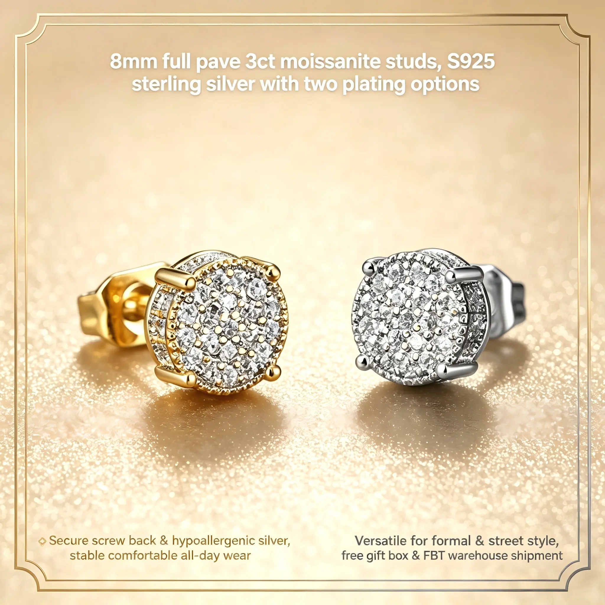 2 PCS Moissanite Cylinder Earrings With Screw Back 8mm 3 Carat S925 Sterling Silver Made For You, Wedding, Birthday, Anniversary, New Year Gift, Mother's Day Gift, Hip Hop Pretty Studs