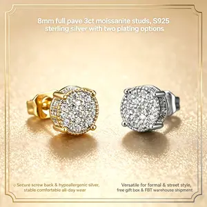 2 PCS Moissanite Cylinder Earrings With Screw Back 8mm 3 Carat S925 Sterling Silver Made For You, Wedding, Birthday, Anniversary, New Year Gift, Mother's Day Gift, Hip Hop Pretty Studs
