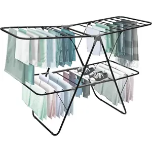 2 Tier Folding Rack - Indoor/Outdoor Collapsible Clothes Dryer Stand Laundry or Shoe Rack,Heavy Duty Freestanding Garment Hanger, Foldable, Portable Air Dry Holder