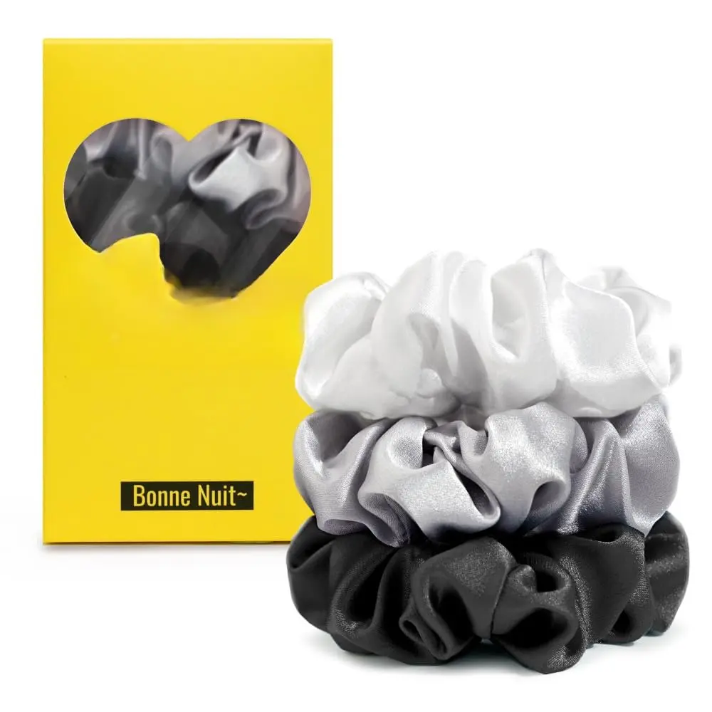 Silky Satin Scrunchies For Women, Satin Hair Ties for Thick and Thin Hair, Black White and Grey, Pack of 3