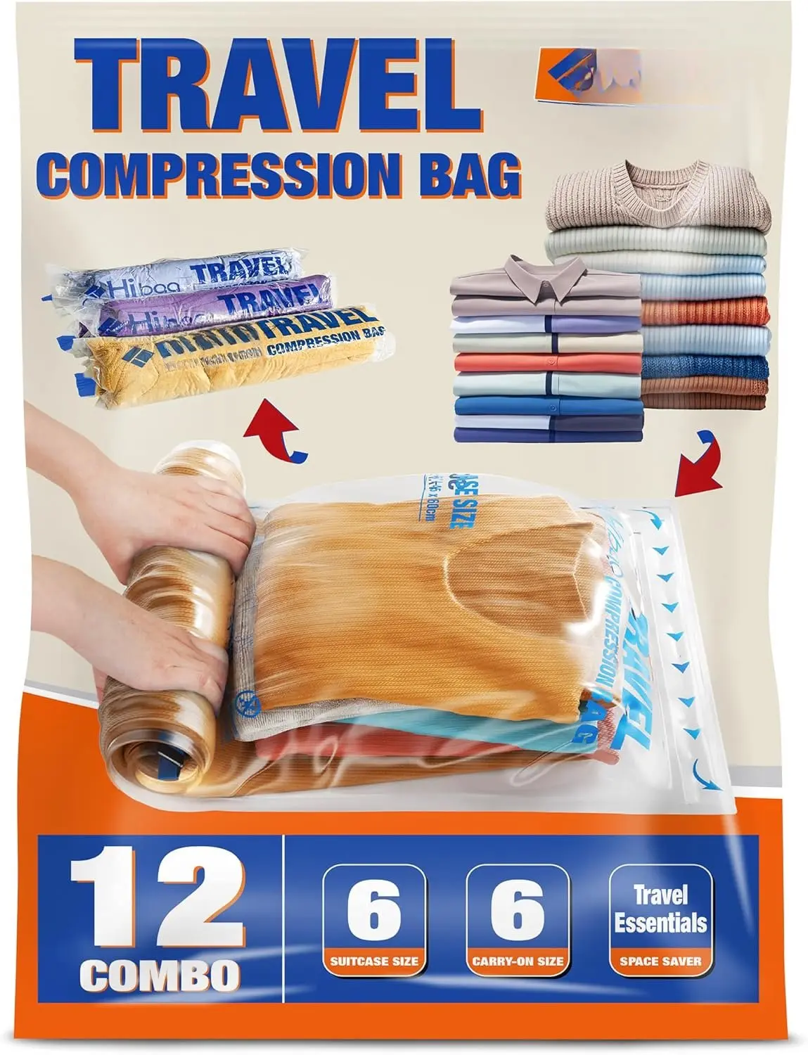 12 Compression Bags for Travel Essentials, Vacuum Packing Space Saver Bags for Cruise Accessories (12-Travel)