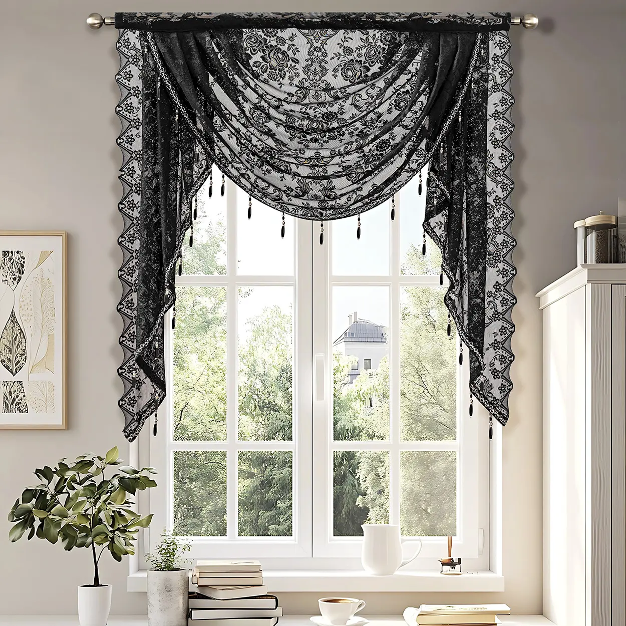 Black Sheer Lace Waterfall Valance - 1 Piece, Soft, Beaded Tassels, Floral Embroidery, Semi-Transparent Rod Pocket Curtain Valance, Healthy, Geometric Accents, Suitable for Bedrooms, Bathrooms, Offices, Bathroom, Kitchen