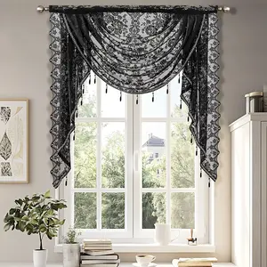 Black Sheer Lace Waterfall Valance, 1 piece, with beaded tassels and floral embroidery, semi-transparent rod pocket curtain valance, suitable for bedrooms, living rooms, kitchens and basements