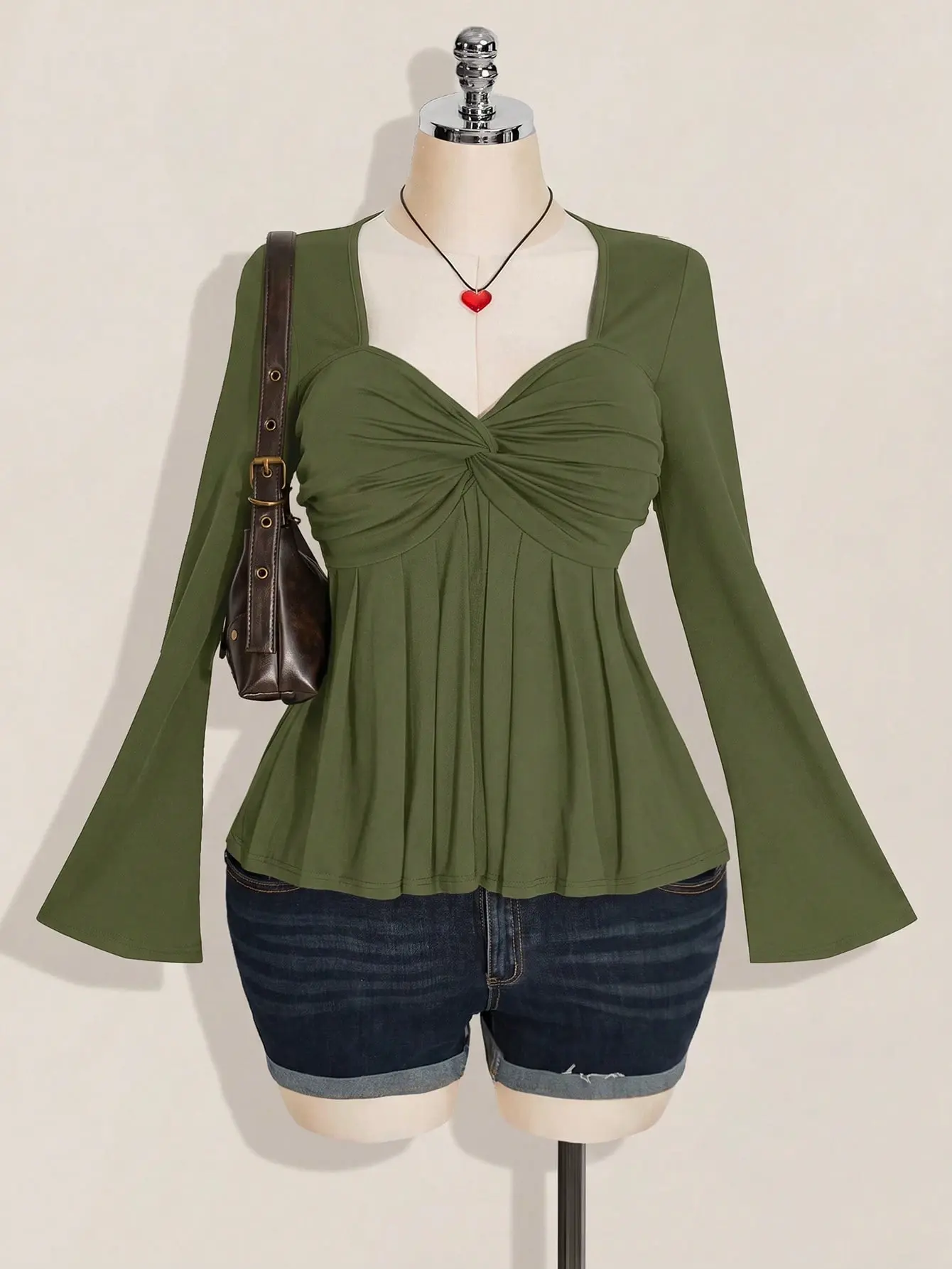 LALUZ Y2K Plus Size Women's Black Chest Twist Knit Top Babydoll Autumn Fashion Going Out Top Trendy Plus Size Top