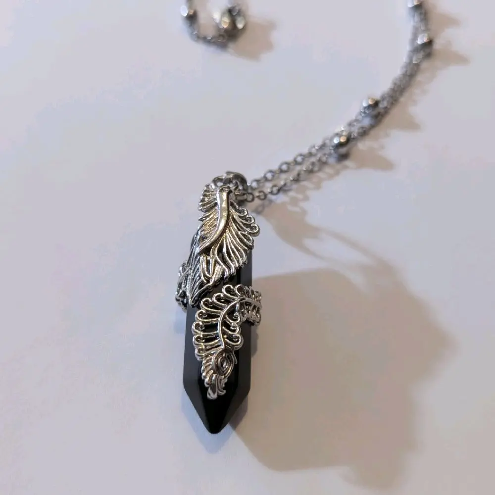 Black Onyx Crystal Necklace with Stainless Steel Pendant Gothic Spiritual Jewelry Protection Stone Necklace Unisex Gift