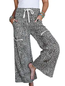 Women's Animal Print Wide Leg Pants Terry Knit Drawstring Casual Lounge Trousers Comfy Relaxed Fit with Pockets
