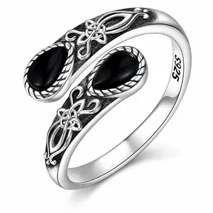 B 925 Sterling Silver Adjustable Open Band for Women, Mystic Witch Black Obsidian Ring,  Gothic Magic Jewelry, Spiritual Energy Crystal Ring, Perfect Gift for Birthday, Mother's Day & Occult Lovers, Boho Wedding Engagement Ring