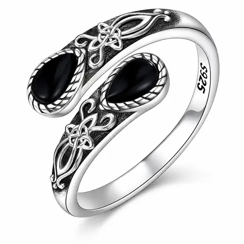B 925 Sterling Silver Adjustable Open Band for Women, Mystic Witch Black Obsidian Ring, Gothic Magic Jewelry, Spiritual Energy Crystal Ring, Perfect Gift for Birthday, Mother's Day & Occult Lovers, Boho Wedding Engagement Ring