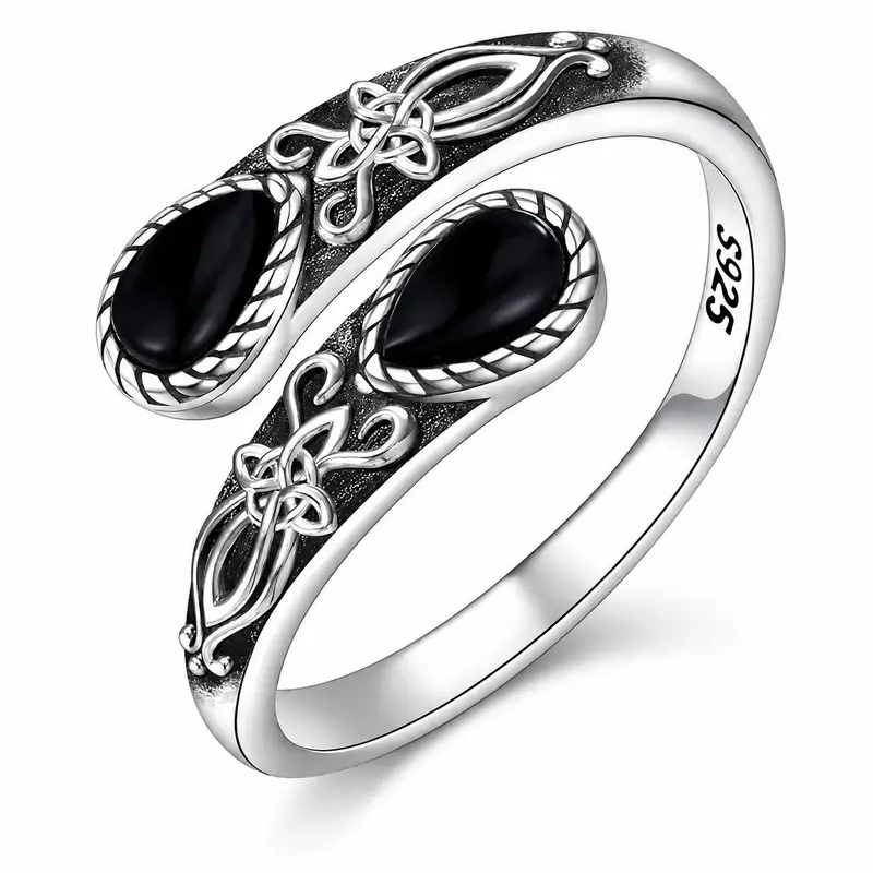 B 925 Sterling Silver Adjustable Open Band for Women, Mystic Witch Black Obsidian Ring, Gothic Magic Jewelry, Spiritual Energy Crystal Ring, Perfect Gift for Birthday, Mother's Day & Occult Lovers, Boho Wedding Engagement Ring