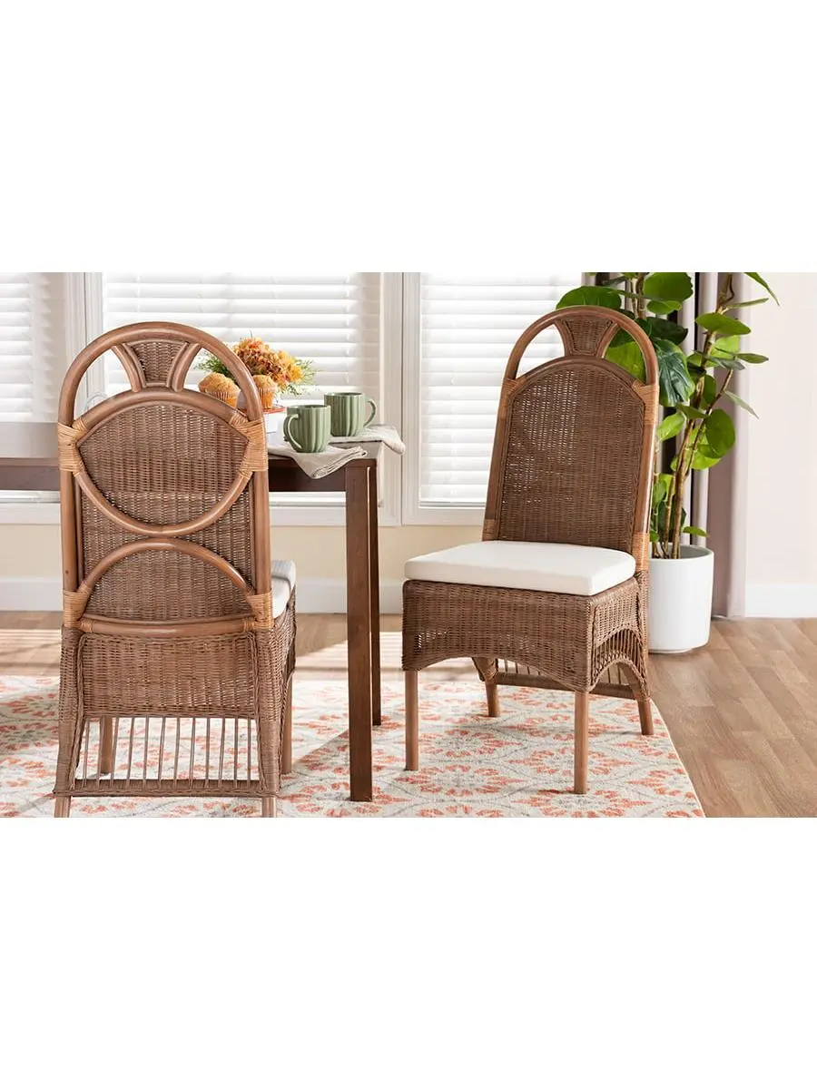 Bali & Pari 193271488971 Raya Eco-Conscious Natural Rattan Dining Chair - Handcrafted Wicker Accent Chair, High Arched Back, Cushioned Seat, Boho Coastal Seating for Dining Room, Brown, Eco-Conscious Dining Chairs