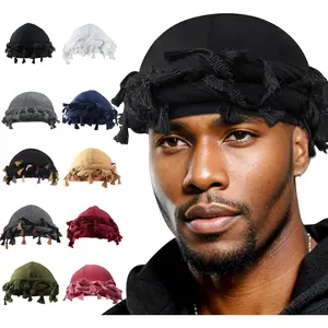 Halo Turban for Men Women Satin Lined Durag Head Wraps Skull Cap Pre-Tied Tassels Braid Beanie Vintage Twist Bonnet