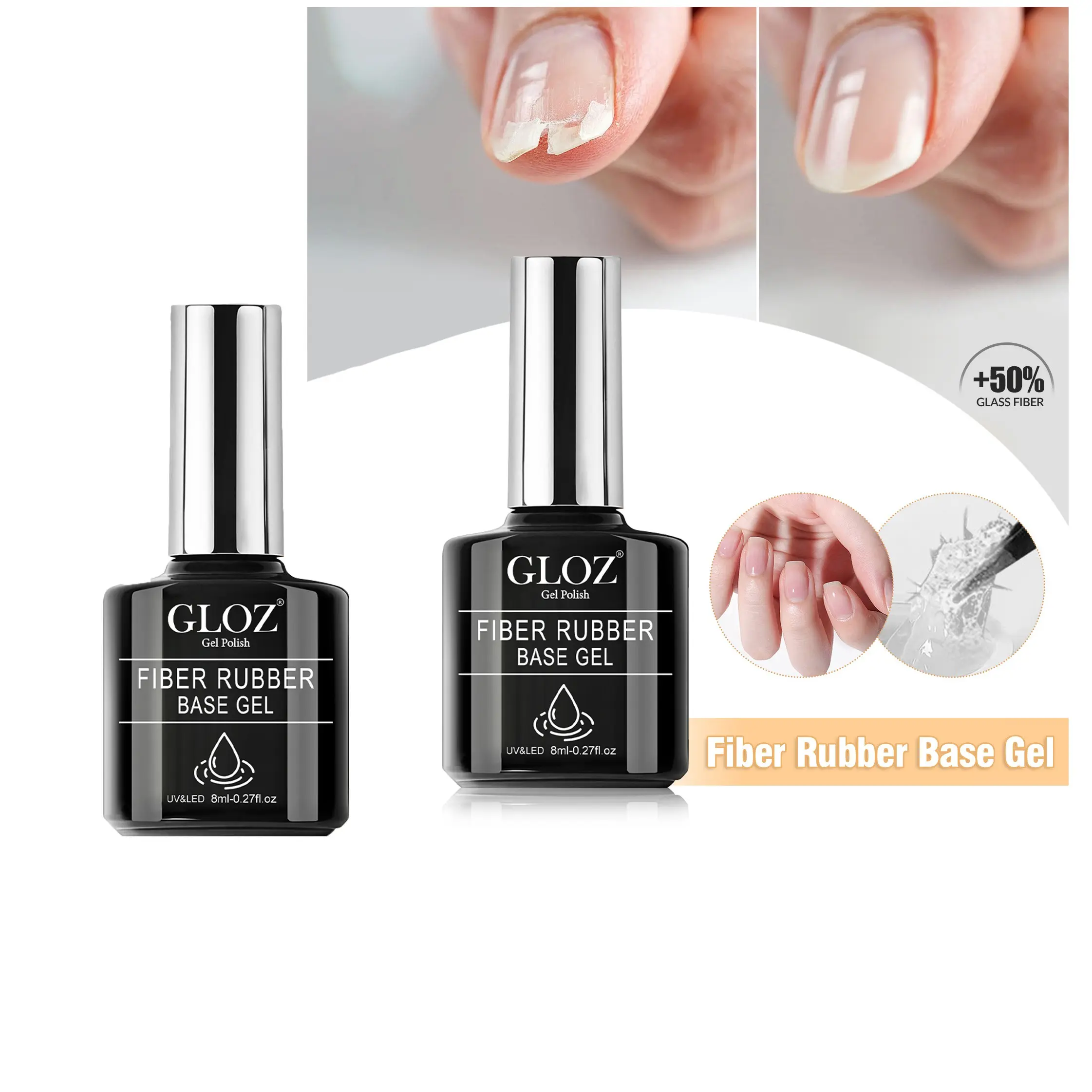GLOZ 2Pcs 8ml Fiber Rubber Base Gel, UV LED Soak Off Transparent Building Gel, Uv Gel Manicure, Nail Repair Strengthener & Extension Gel, Builder Gel Nails for Salon Quality & Home Nail Art Use, Clear Nail Polish Strengthener And Growth