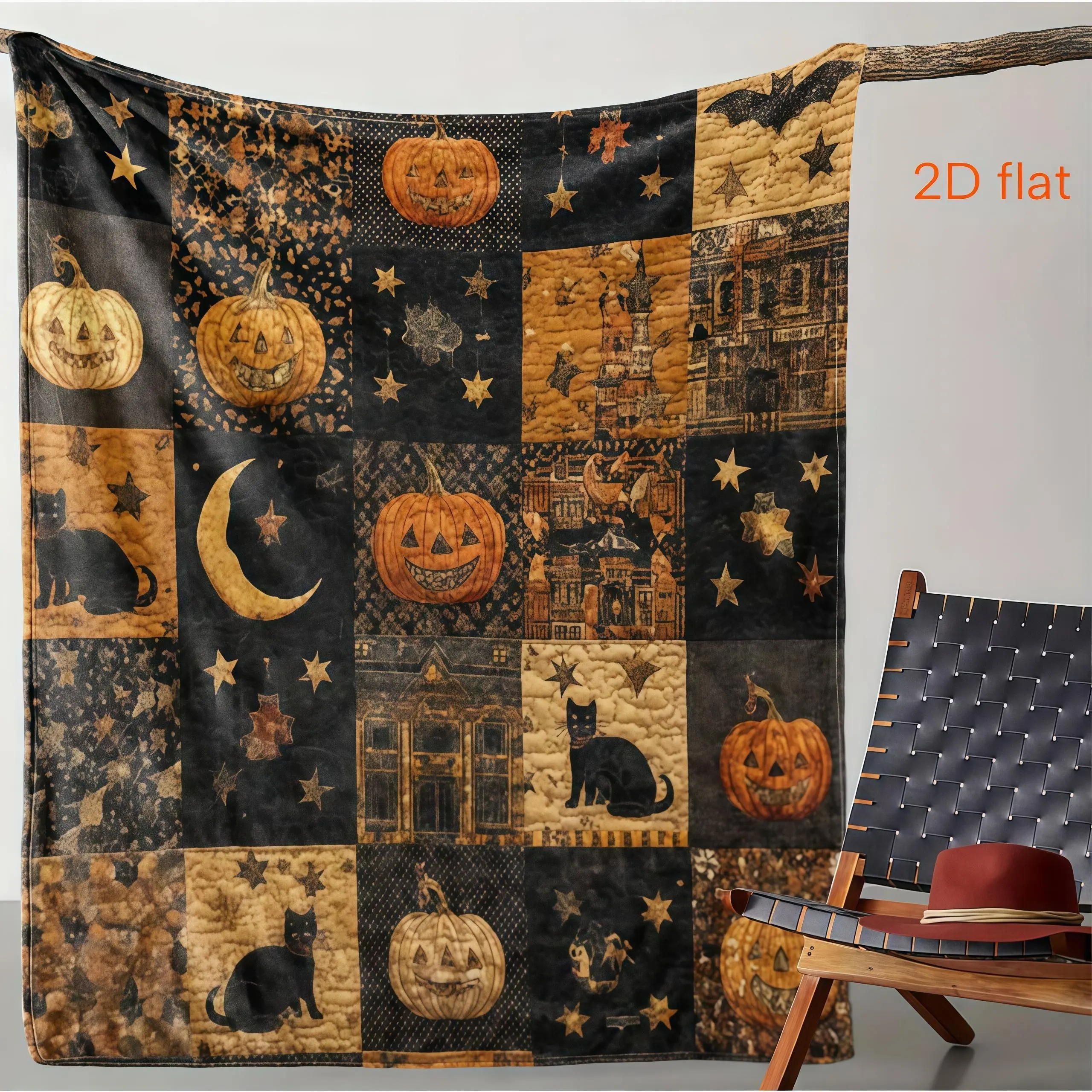 Halloween Haunted House Black Cat Jack O Lantern Patchwork-style Print  Blanket Soft Warm Throw Plush Blanket Antique Sepia Tone Rustic Farmhouse Spooky Aesthetic Bedroom Couch Nap Blanket Giftable Retro Fall Halloween Decor Blanket For