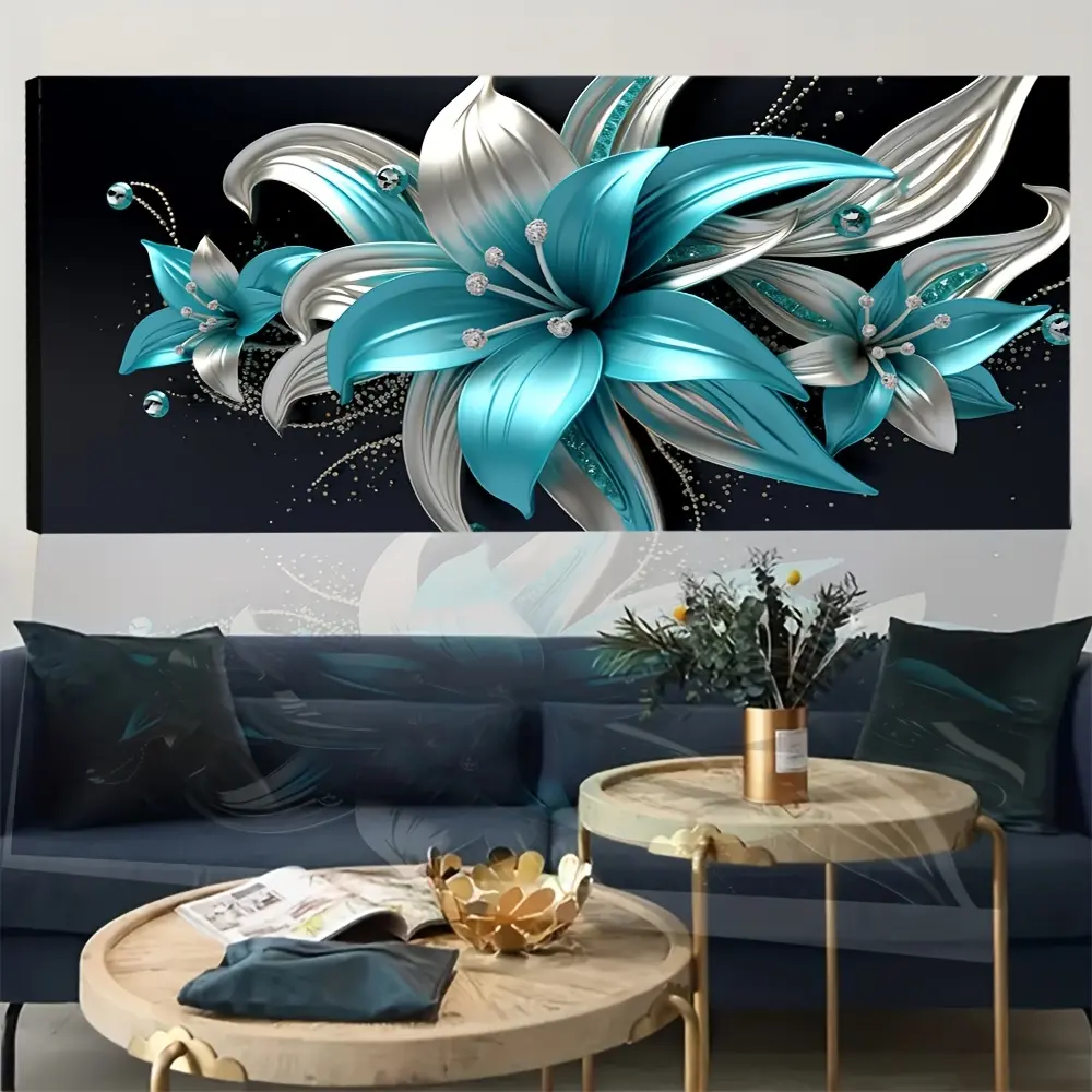1 Piece Framed Canvas Poster - Modern Abstract Cyan & Silver Lily Crystal Wall Art, Home Inspo Decor with Wooden Frame, Ideal Gift for Bedroom, Living Room, Home Supplies Posters & Prints