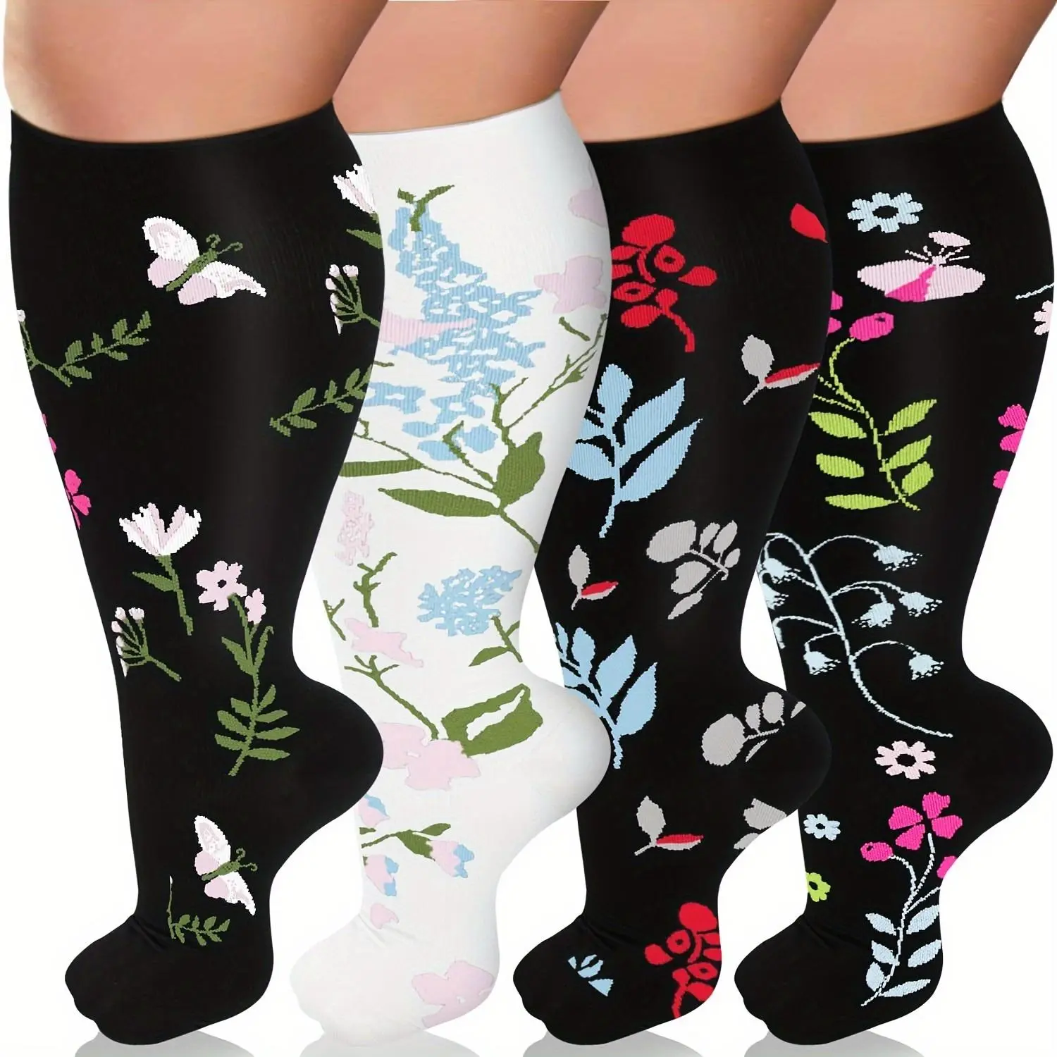 4 pcs Plus Size Compression Socks for Men and Women, 15-20mmHg Wide Calf Support, Boost Blood Circulation, Floral Pattern, Soft Nylon & Spandex Knit Fabric, Hand Wash Only, Compression Stockings Pregnancy Maternity Anklesock Leg