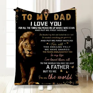 "To My Dad" Lion Tribute Throw Blanket - Black Gold Lion Print Flannel Blanket, Cozy Soft Blanket with Heartfelt "You Are The World" Poem, Perfect Father's Day Gift