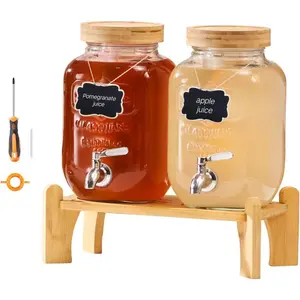 VEVOR Beverage Dispenser, 2 Pack 3.8L Drink Dispensers for Parties, Glass Juice Dispenser with Wood Stand, Stainless Steel Spigot, Infuser, Iced Tea Lemonade Juice Water Dispensers for PartiesVEVOR Super Brand Day