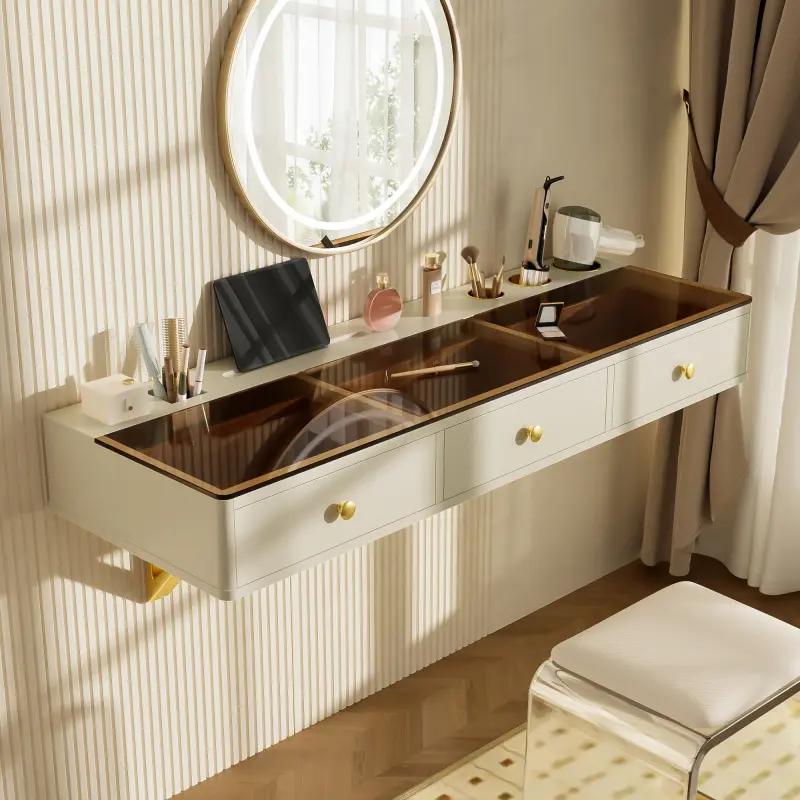 47" Wall-Mount Glass Top Makeup Storage Desk, Multi-Purpose Beige Floating Indoor Cabinet with 3 Drawers for Bedroom, Bathroom - TikTok Shop 47" Wall-Mount Glass Top Makeup Storage Desk, Multi-Purpose Beige Floating Indoor Cabinet with 3 Drawers for Bedroom, Bathroom - TikTok Shop