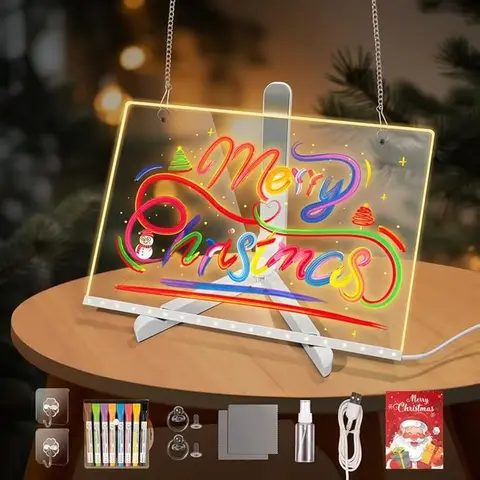 LED Message Board with 7 Pens Acrylic Light-Up Board for Desk/Class/Home - Dry Erase Gift w/Base & Markers for Teachers, Friends