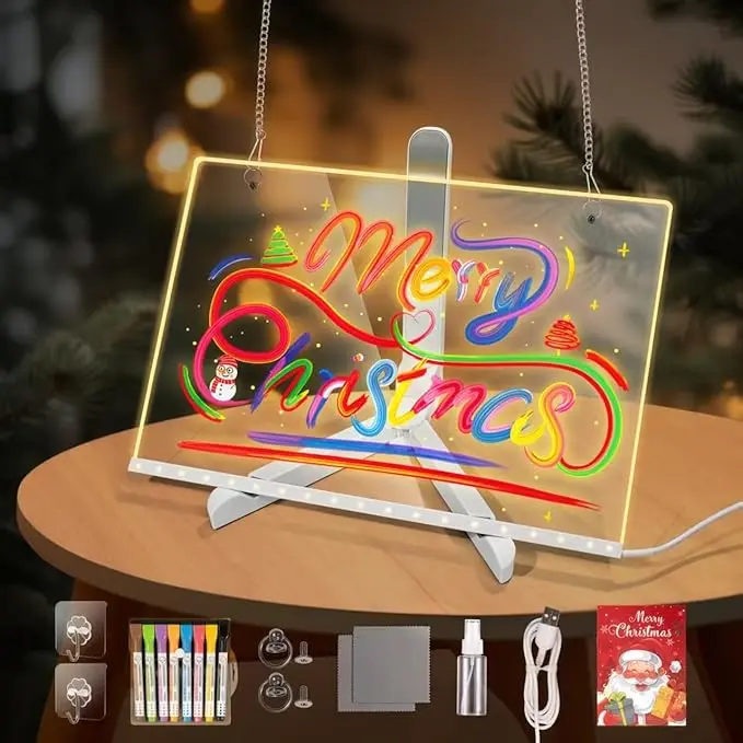 LED Message Board with 7 Pens Acrylic Light-Up Board for Desk/Class/Home - Dry Erase Gift w/Base & Markers for Teachers, Friends