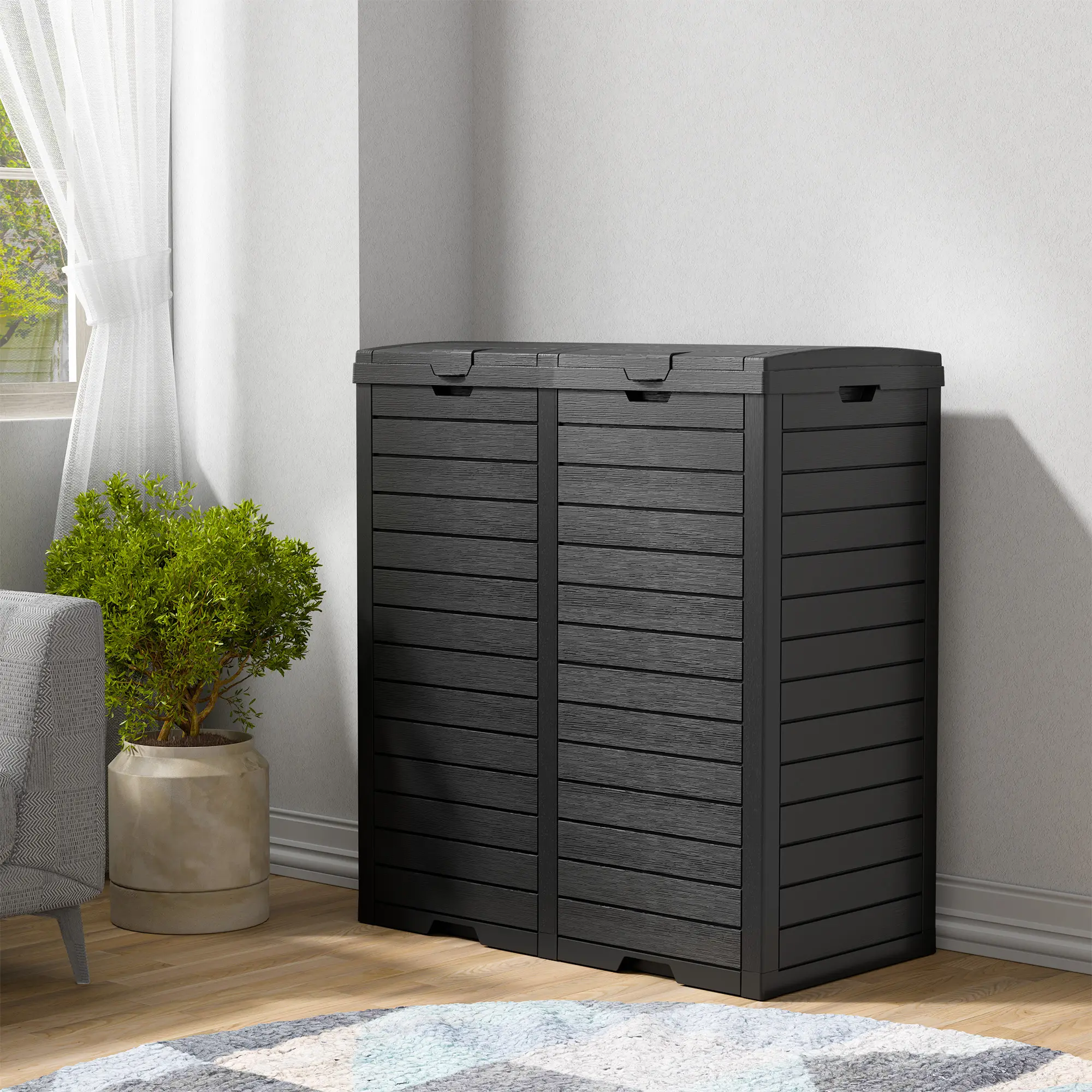 RIWENGO 62 Gal Outdoor Resin Trash Can, Waterproof with Tiered Lid and Drip Tray, Outdoor Waste Bin for Patio Backyard Household Use, Black