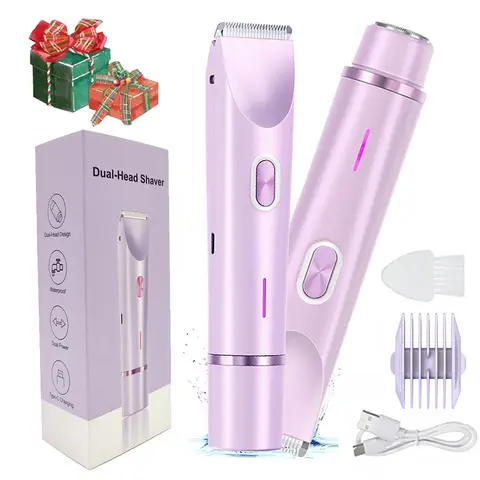 Bikini Trimmer for Women, 2 in 1 Dual Head Electric Razor Hair Removal Tool, Body & Facial Electric Shaver, Waterproof Wet & Dry Trimmer, Cordless Travel Groomer for Leg, Underarm & Bikini Zones, Rechargeable Body Trimmer, Holiday Gifts for Ladies