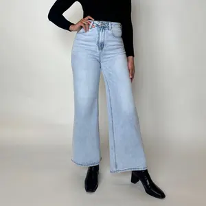 Wide-Leg High-Waist Stretch Baggy Buckle Jeans Light Blue | Women's Underwear Street WearFashion Casual Denim Pant Wide Leg Trouser Vintage Jeans M042701 Streetwear
