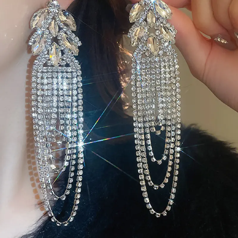 Luxury and Silver Color Rhinestone Long Tassel Crystal Teardrop Earrings Dangling for Women, Perfect for Parties Weddings Festivals, Sexy Style for All Seasons, Statement Earrings, Party Festival Earrings