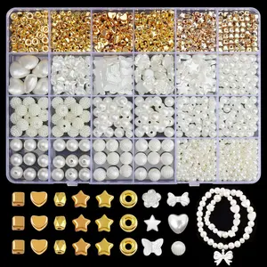 1000pcs Pearl Beads Kit for Jewelry Making Earrings, Necklaces, Bracelets, 4 Sizes Round Pearls, Spacer Beads, Star Heart Bow Beads DIY Crafts