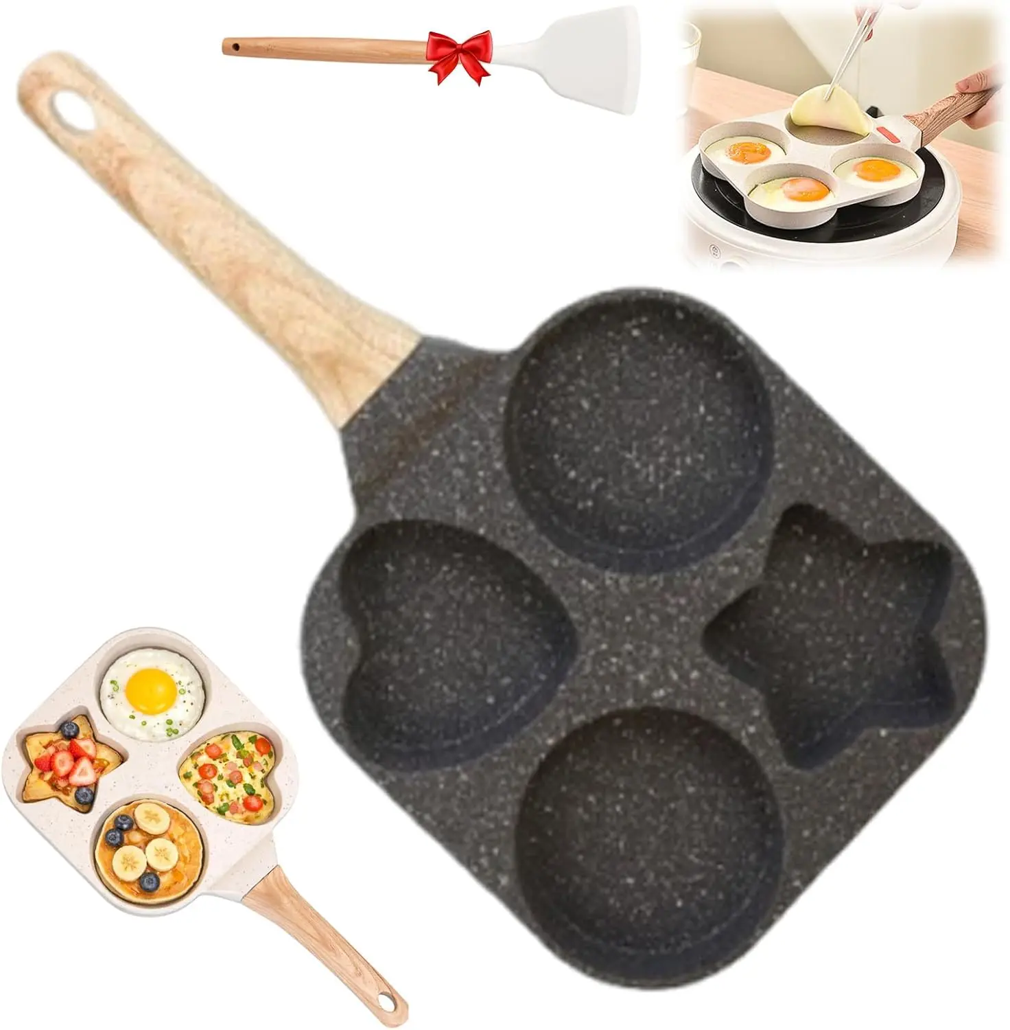 Heart-Shaped 4-Hole Non-Stick Maifan Stone Mini Frying Pan - Cookware with Non Stick Surface, Induction Compatible Pan, Pancake Maker for Home Breakfast, Student Portable Use
