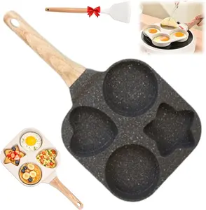 Heart-Shaped Four-Hole Frying Pan, Non-Stick Maifan Stone Mini Frying Pan, Pancake Maker, Small Frying Pan Suitable For Induction Cooker, For Home Frying Eggs, Making Family Breakfast, Student Portable Breakfast.